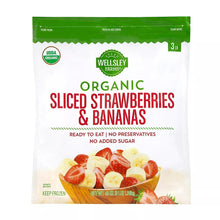 Frozen sliced strawberries and bananas blend in sealed bag, USDA organic, no added sugar