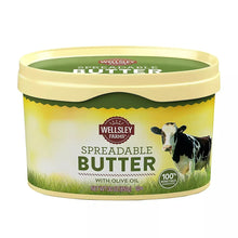 Spreadable butter tub with olive oil, 30 oz, green label with cow graphic
