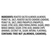 Tropical trail mix ingredients label listing roasted salted almonds, cashews, pineapple