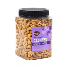 Roasted unsalted cashew jar with visible whole cashews and purple front label