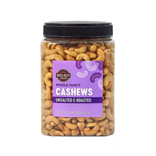 Roasted unsalted cashew jar with black lid and purple front label
