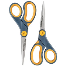 Two Westcott non-stick scissors with stainless blades and blue-and-orange finger loops.