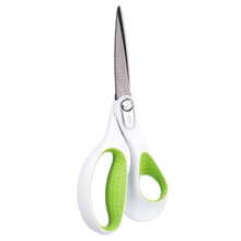 Office scissors with white handles and green finger loops, straight blades