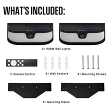 Solar wall light kit with remote control, mounting plates, anchors, and screws for 2 pack