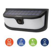 Black solar wall light with motion sensor and white light panel, with feature icons