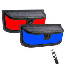 Black solar wall light with color-changing LED glow and motion sensor, includes remote
