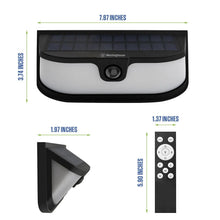 Black solar wall light dimensions diagram with remote control shown beside it