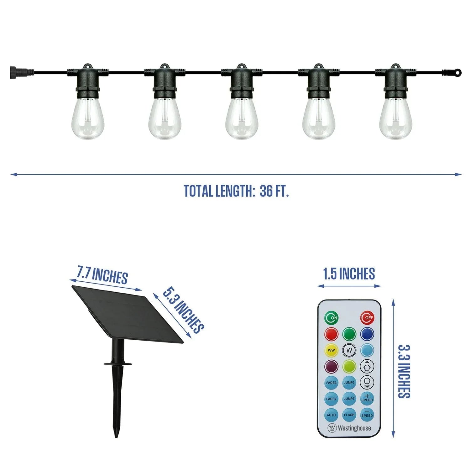 Westinghouse 36' Solar Powered LED Color Changing String Light Set, 15 Bulbs with Remote Control