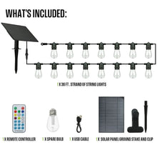 Solar LED string light set with bulbs, remote, solar panel, stake, cable, and spare bulb