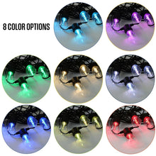 Solar LED string lights showing eight color options in glowing bulb close-ups