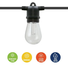 Solar LED string light bulb with warm white glow and style icons