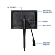 Solar panel controller with USB port, on/off switch, and string light connection