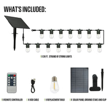 Solar string light set bundle with remote, USB cable, replacement bulb, and solar panel