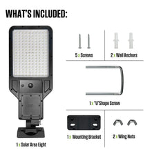 Solar area light with included mounting hardware kit, black light fixture and accessories