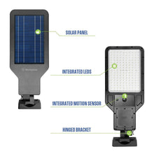Solar area light showing solar panel, integrated LEDs, and motion sensor, black housing