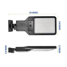 Solar area light with hinged mounting bracket and integrated LED panel, black housing