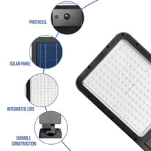 Solar area light with integrated LED panel, solar panel, and sensor details, black housing