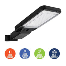 Solar motion-activated area light with long rectangular LED panel and wall bracket, black housing