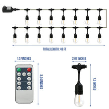 LED string light set with clear bulbs, black sockets, 48 ft length, remote control