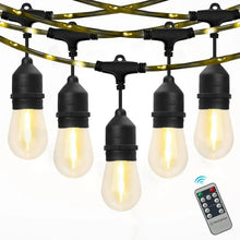Warm white LED string lights with black wire, clear bulbs, and remote control