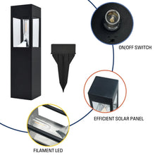 Black solar path light with filament-style LED and on/off switch diagram