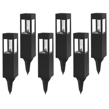 6-pack black solar path lights with glass lantern tops and ground stakes