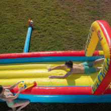 Inflatable slip 'n slide side wall and yellow-red-blue lanes with water flowing