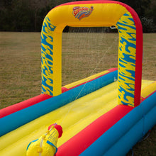 Inflatable slip 'n slide entry arch with yellow top and blue zebra pattern