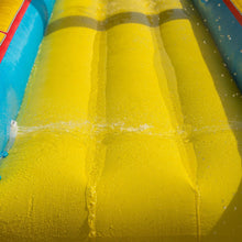 Inflatable slip 'n slide water channel with yellow molded lanes and clear splashing water