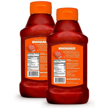 Whataburger Fancy Ketchup 2-pack, back labels on red bottles with orange caps