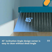 Blue angled dustpan and broom with corner edge, metal pole, dark bristles
