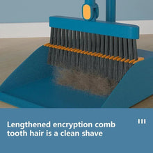 Blue dustpan with black bristle broom head and yellow squeegee teeth, metal pole