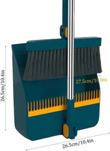 Blue upright dustpan and broom set with metal pole, dark bristles, yellow comb panel