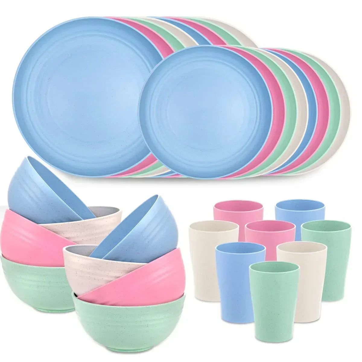 LVL Wheat Straw Dinnerware, Microwave Dishwasher Safe, Unbreakable Light Weight Plates Service For 8, Reusable Tableware Set, Multicolor Set 16pcs Plates, 8pcs Bowls, 8pcs Cups- Black