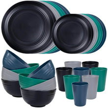 Lightweight wheat straw dinnerware set in dark gray and teal with plates, bowls, and cups