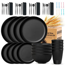 Black wheat straw dinnerware set with plates, bowls, cups and cutlery