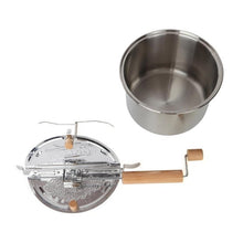Whirley Pop popcorn popper components, including stainless steel pot and lid with wooden crank