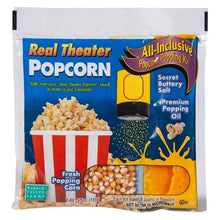 Front of a Real Theater popcorn kit bag with kernels, popping oil, and buttery salt