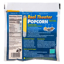 Back of a Real Theater popcorn kit bag with instructions and nutrition facts