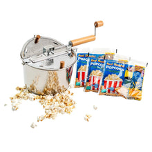 Whirley Pop stainless steel popcorn popper with wooden crank, popping kits, and popped corn