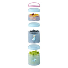 Three stackable snack containers with carry handle lids in light blue and purple