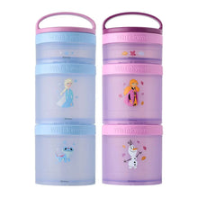 Two stackable snack container columns with carry handles in blue and purple