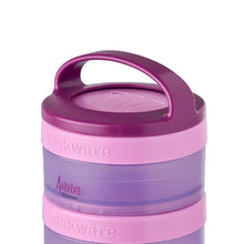 Stackable snack container with carry handle in pink and purple