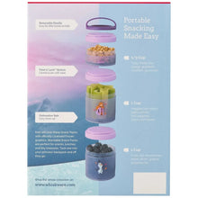 Portable snack container set with stackable, lidded cups in light purple and pink