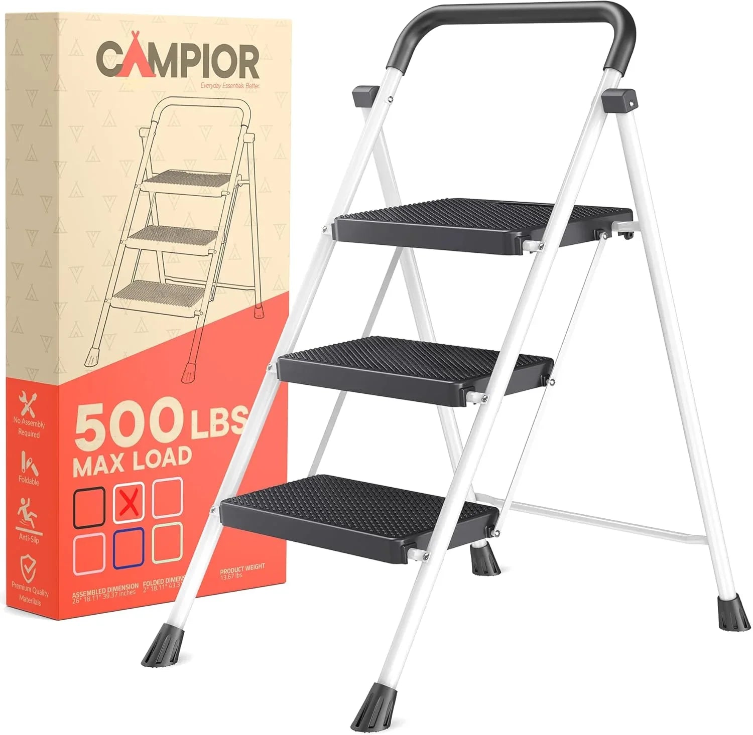 Black 3 Step Stool Foldable – Heavy-Duty Foldable Step Stool, 500 lbs Capacity, Anti-Slip Feet & Wide Steps, Sturdy Steel Frame, Lightweight & Space-Saving Design for Home, Kitchen & Garage