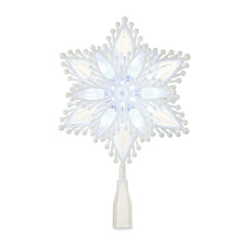 White LED snowflake tree topper with starburst arms, glowing center, and white base