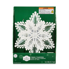 Boxed white LED snowflake tree topper with flashing lights and white base