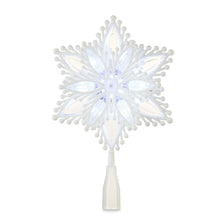 White LED snowflake tree topper front view with glowing center and white base