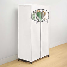 White portable clothes closet with open front and curved fabric window, metal legs