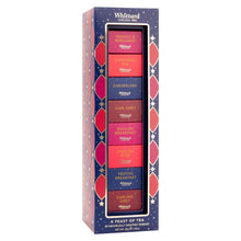 Whittard tea selection gift box, dark blue tall carton with labeled tea variety panels